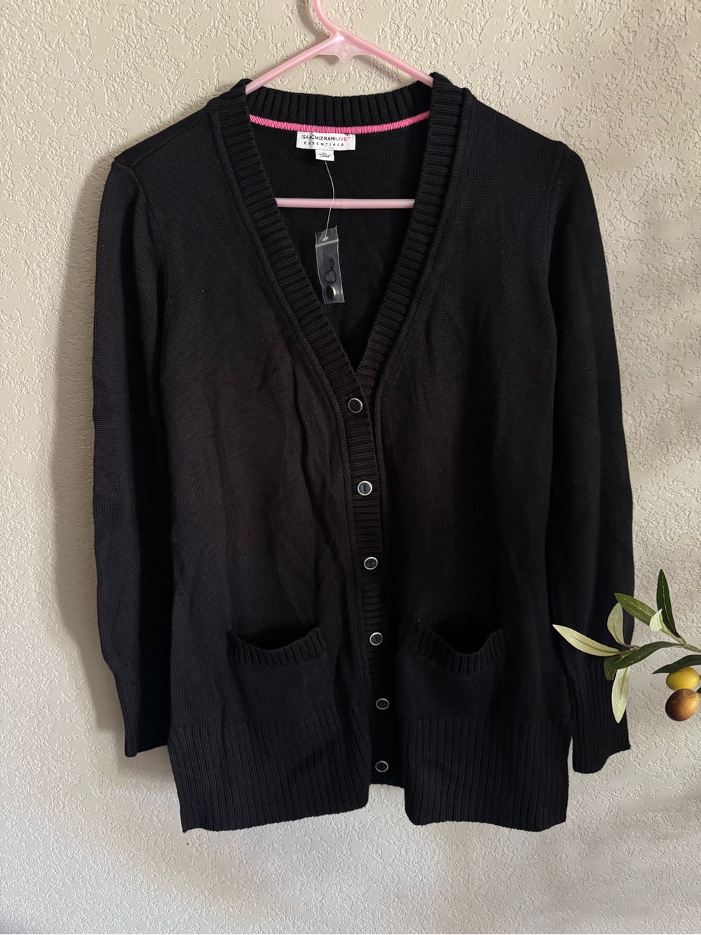 Isaac Mizrahi Live Essentials Black Longline Cardigan Sweater Pockets M